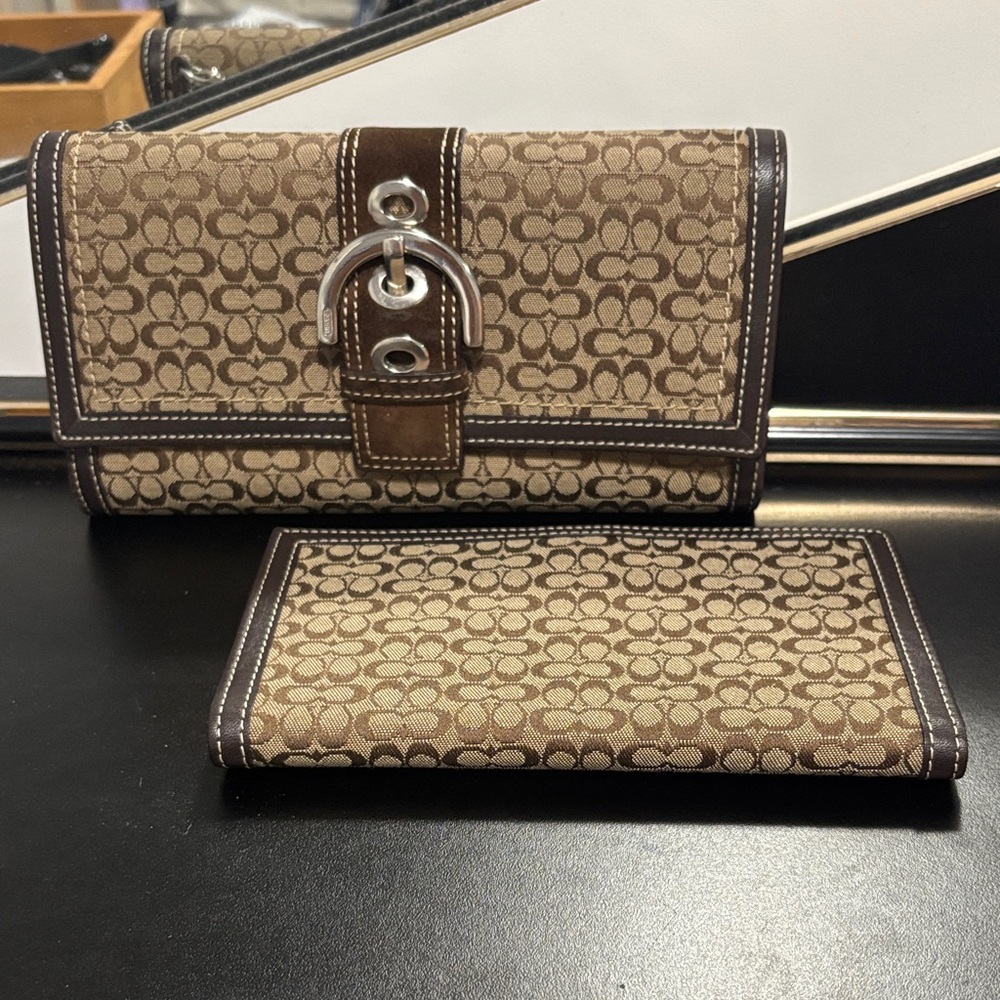 Coach Tan and Brown Monogram Wallet Set